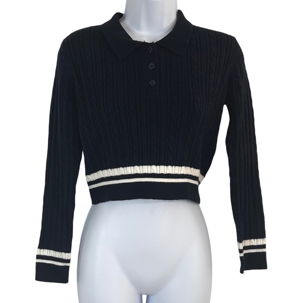 GU Women's S Navy Blue Cable Knit Cropped Polo Sweater Striped Trim Preppy Retro